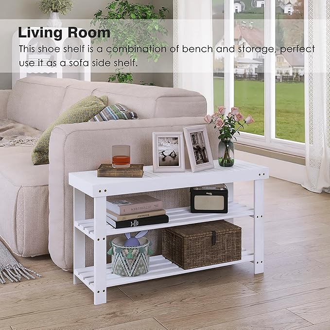 SMIBUY Bamboo Shoe Rack Bench, 3-Tier Shoe Organizer Storage Shelf for Entryway Hallway Bathroom Living Room (White)
