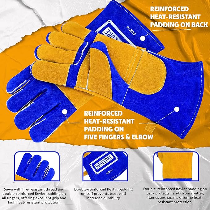 16” Welding Gloves – Heavy-Duty Heat & Flame Resistant Cowhide Leather, Kevlar-Stitched, 932℉ Protection for MIG, Stick, Forge, Fireplace, BBQ, Wood Stove (𝐁𝐥𝐮𝐞/𝐘𝐞𝐥𝐥𝐨𝐰)