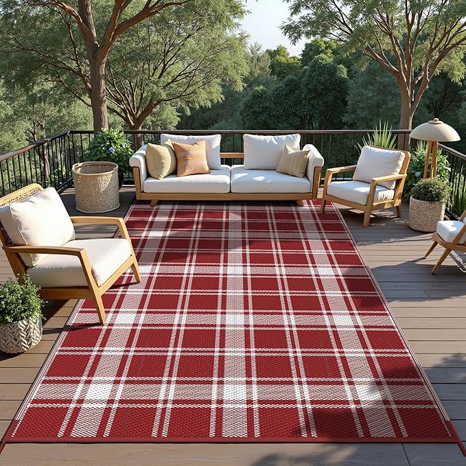 GENIMO Waterproof Outdoor Rug for Patio Clearance, 6'x9' Reversible Plastic Straw Rugs, Lightweight RV Camping Mat for Camper, Balcony, Deck, Backyard, Picnic, Red & White