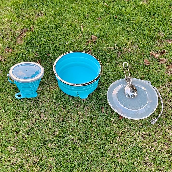Mess Kit for Camping Silicone Collapsible Bowl Collapsible Cup and Stainless Steel Spoon for Backpacking Outdoor Hiking Traveling and Picnic - 2 Pack