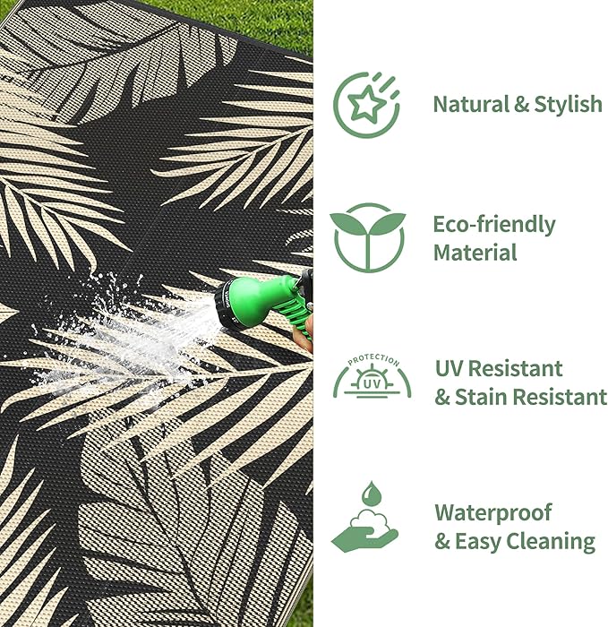 GENIMO Outdoor Rug 4' x 6' Waterproof for Patios Clearance, Reversible Outdoor Plastic Straw Camping Rug Carpet, Large Area Rugs Mats for RV, Camper, Deck, Balcony, Porch, Beach, Picnic, Black&Beige