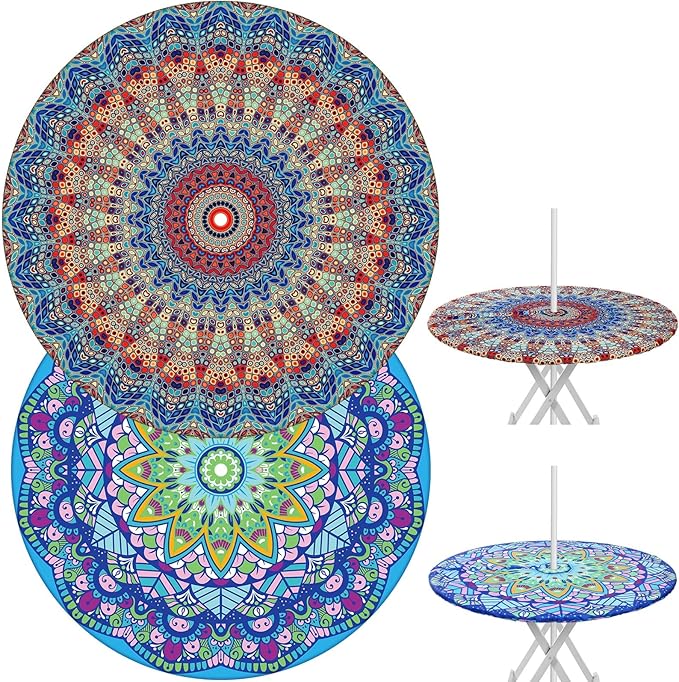 2 Pcs Round Outdoor Tablecloth with Umbrella Hole - Anti-Wrinkle Polyester Tablecloth with Elastic Zipper Table Cover for Summer Patio Camping Party(45''-53'',Mandala)