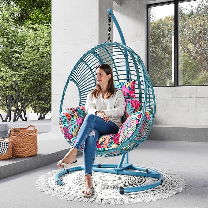 Hanging Egg Chair with Stand - Egg Swing Chair Outdoor Indoor Patio Wicker Chair Swing Hammock Egg Chairs 400lbs Capacity for Outside Patio, Bedroom, Garden and Balcony (Blue-Regular, 1 PC)