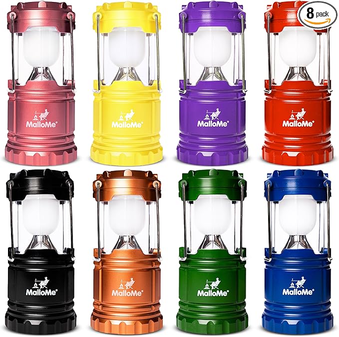 MalloMe Camping Lantern Multicolor 8 Pack Lanterns for Power Outages, Camping Lights for Tent Hanging, Camp Light Tent Lamp Emergency Battery Powered LED Lantern (Rechargeable Batteries Not Included)