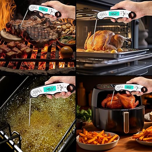Instant Read Meat Thermometer for Cooking, Fast & Precise Digital Food Thermometer with Backlight, Magnet, Calibration, Foldable Probe, Waterproof Grill Thermometer for Deep Fry. (White Black)