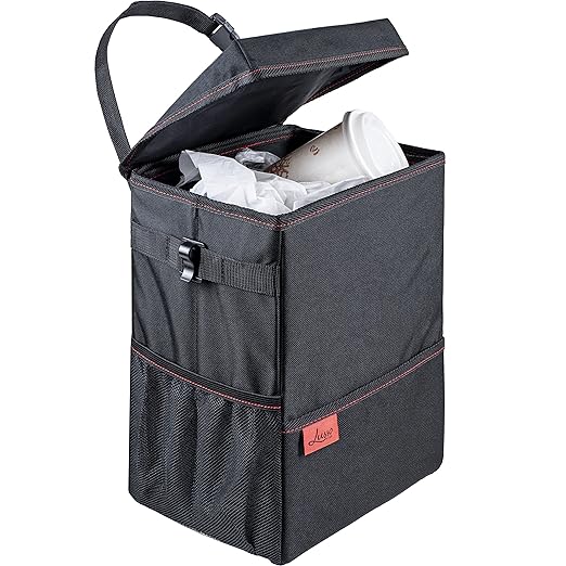 Lusso Gear Car Trash Can with Lid and Removeable Liner, Hanging Car Trash Bag with Hooks, Waterproof Fabric Car Garbage Bin, Automotive Travel, Trashcan car Accessories, for Truck Van and SUV (Red)