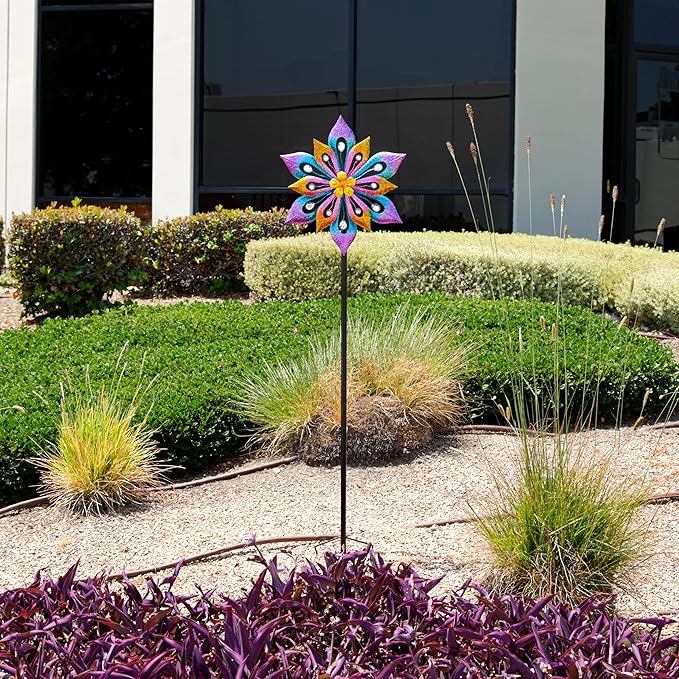 Alpine Corporation SLL2338 Metal Layered Floral Wind Spinner Garden Stake, Colorful Decor for Garden, Patio, & Lawn, 54" H