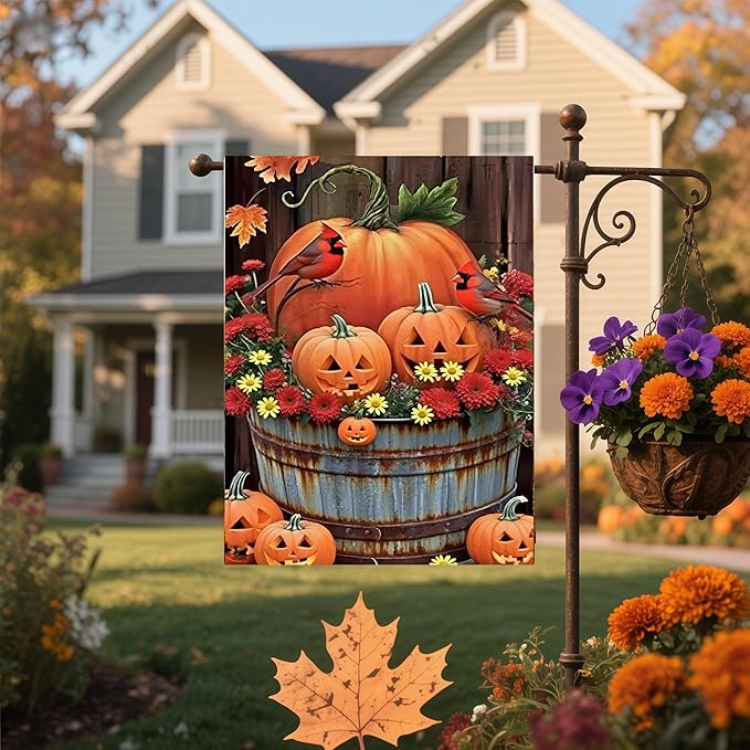 Fall Garden Flags 12x18 Double Sided, Pumpkin Yard Flags for Outside, Autumn Bird Small Yard Flags for Home Outdoor Decorations