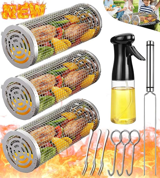 Rolling Grilling Baskets for Outdoor Grill Bbq Net Tube with Spray Bottle Large Outsidegrill Crate Baskrt Canisters Barbeque Basket for Camping Picnic Party Cooking Accessories Gifts for Men