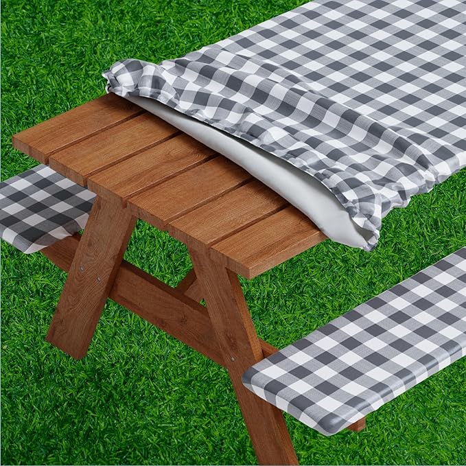 Sorfey Picnic Table Cover with Bench Covers -Fitted with Elastic, Vinyl with Flannel Back, Fits for Table 30"x 96" Rectangle,Water Proof, Checked Grey Design