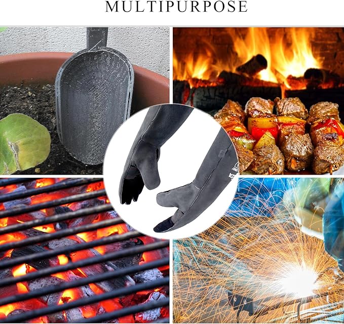 RAPICCA Fireplace Gloves Fire Heat Resistant: Grey 16IN 662℉- Fireproof Leather for Fireplace Fire pit Wood stove Campfire Furnace BBQ Grill Oven Stick Mig Welding Welder Gear - Birthday Gift for men