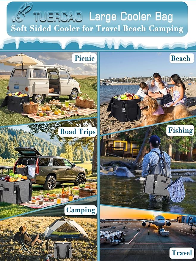 Insulated Soft Cooler Bag 12"x12"x12" Large Leakproof Soft Sided Ice Chest for Travel Beach Camping, 50 Cans Portable Cooler Box for Grocery Shopping, Road Trips