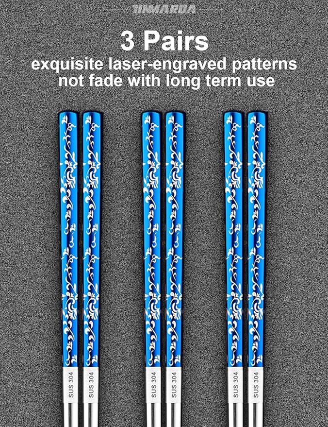 Metal Chopsticks Reusable, 3 Pairs Non-Slip Chop Sticks Reusable Dishwasher Safe, Titanium Plated Stainless Steel Chopsticks Present Set (Blue Silver)