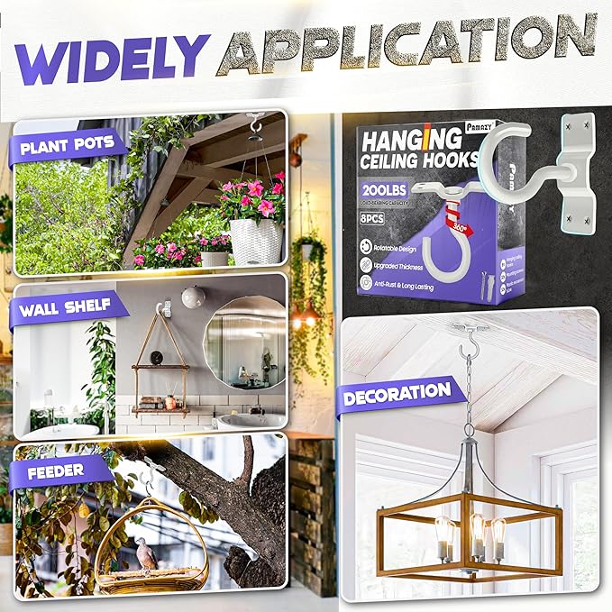 [Upgraded] 200LBS 8Pcs Rotatable Ceiling Hooks with 4 Screw Points Plate Base, White Wall Mount Metal Hanger for Hanging Plants, Bird Feeders, Lanterns, Lights, Wind Chimes, Indoor Outdoor Decor