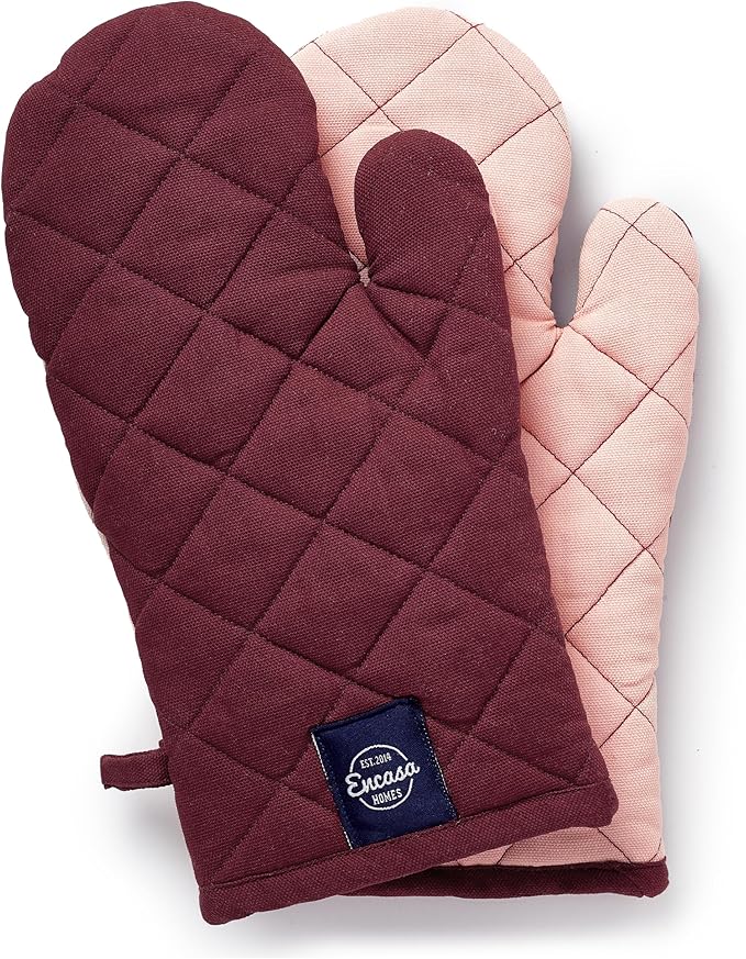 Encasa XO Heat Resistant Cotton Oven Gloves Mitts (2 Pc Set) - Quilted & Safe 12x7 in - for Kitchen, Cooking & Baking, Grilling, Handling Hot Pots & Pans - Maroon