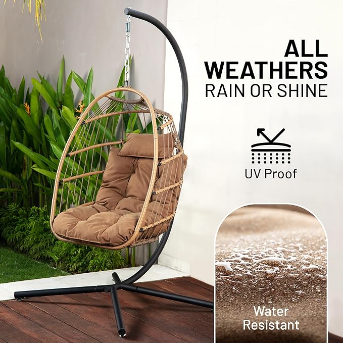 SereneLife Foldable Egg Chair with Stand – Hanging Rattan Wicker Swing for Indoor Outdoor Use – 350 lbs Capacity, Breathable Cushion & Headrest – Patio, Balcony, Porch, Bedroom Lounge Furniture