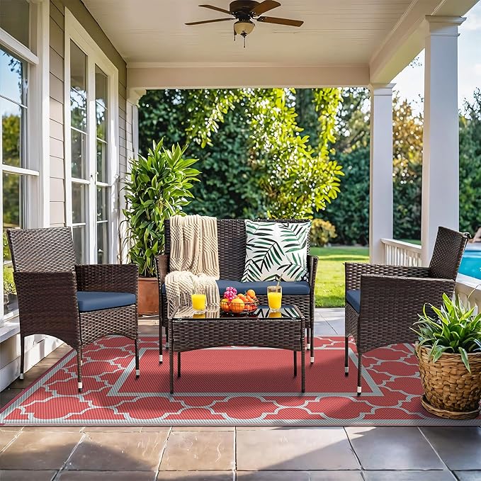 GENIMO 5' x 8' Outdoor Rug Waterproof for Patio Decor, Foldable Reversible Plastic Straw Area Rugs Mat for Camper, Outside Carpet for Rv, Deck, Porch, Picnic, Beach, Balcony, Red & Grey