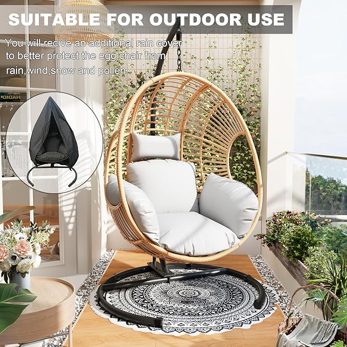 Oversized Hanging Egg Chair Outdoor Indoor, Wicker Swing Egg Chair with Stand 400lbs Capacity for Bedroom, Patio, Garden and Balcony (Beige-Regular, Oversize)
