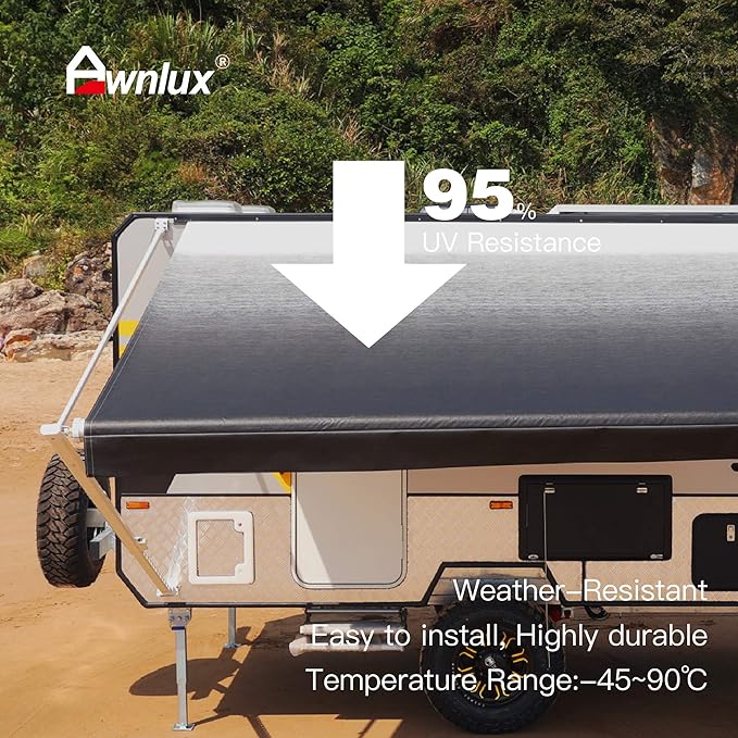 AWNLUX RV Awning Fabric Replacement Waterproof Vinyl Shade Screen for Awnings Camping Universal Fit Fabric Sun Shade UV Sun Blocker Canopy RV Awning Shade Shelter Black Fade-15'(Fabric 14'2")