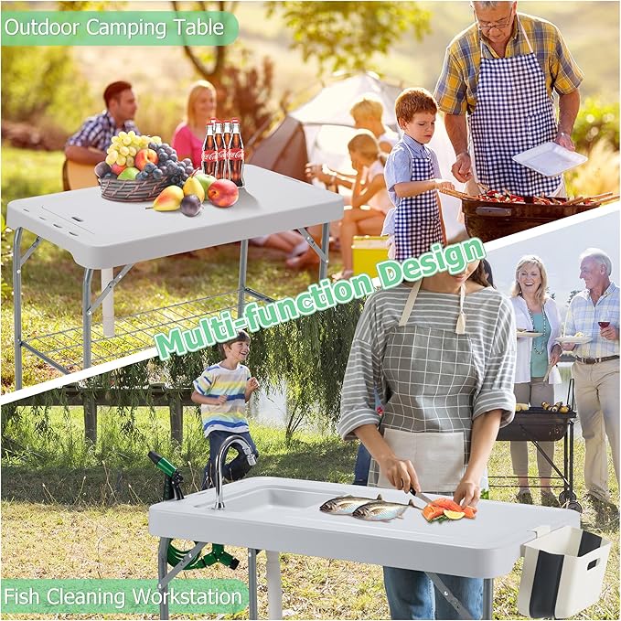 AHB 42" Outdoor Sink Fish Cleaning Table Portable Camping Table with Faucet Hose Hook Up Grid Rack, Fish Fillet Camping Sink Table with 7pc Fish Cleaning Kit for Picnic Beach Patio