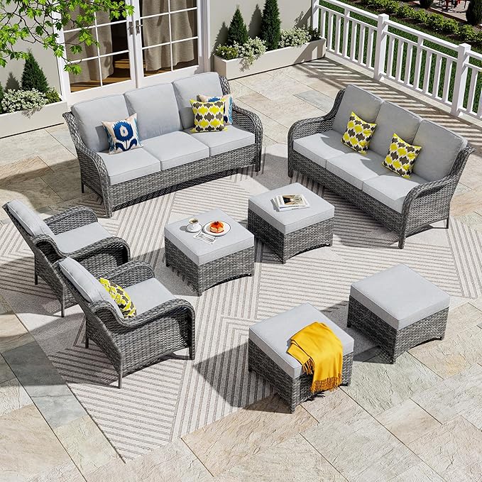 ovios 8 Pieces Patio Furniture Set, Outdoor Wicker Sofas with 2 Chairs, 4 Ottomans and Comfy Cushions, All Weather High Back Couch Set for Deck Porch, Grey Rattan, Grey