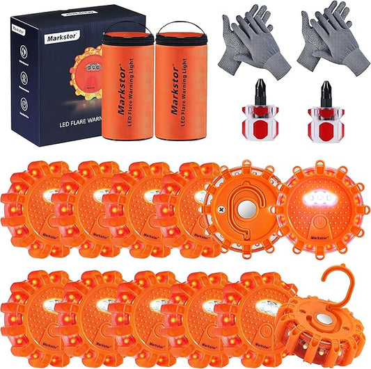 12 Pack of LED Road Flares Waterproof Road Emergency Lights Beacon Kit For Cars Truck Boats With Hook, Amber LED Flares Warning Roadside Lights Disc (Battery Not Included)