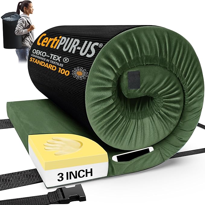 CYMULA CertiPUR-US Memory Foam Camping Mattress Pad, Portable Foam Sleeping Pad for Camping, Roll up Sleeping Mat for Adults Guest Floor Bed for Sleepover, Car, Tent SUV Cot Mattress