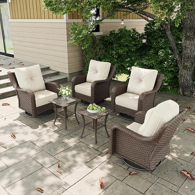 6 Pieces Outdoor Patio Furniture Sets with Rocking Swivel Chairs with 6-inch Thick Cushion and Side Table for Deck Lawn