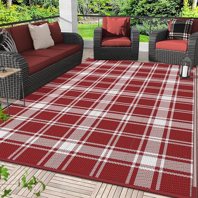 GENIMO Waterproof Outdoor Rug for Patio Clearance, 8'x10' Reversible Plastic Straw Rugs, Lightweight RV Camping Mat for Camper, Balcony, Deck, Backyard, Picnic, Red & White