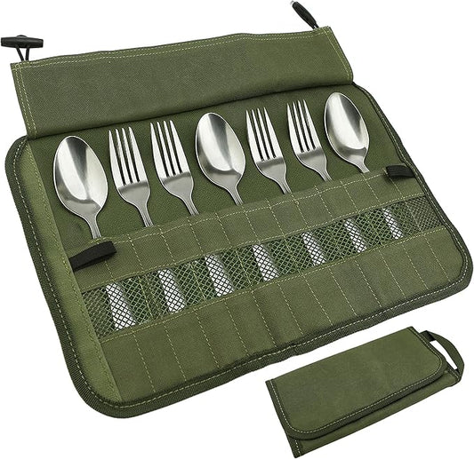 Camping Utensil Roll Bag, Waterproof Chef Knife Cutlery Up Pouch Bag with 13 Slots For Fork, Spoon, Chopstick, Portable Professional Case Hold Storage Kitchen Cooking Set Travel Organizer, Army Green