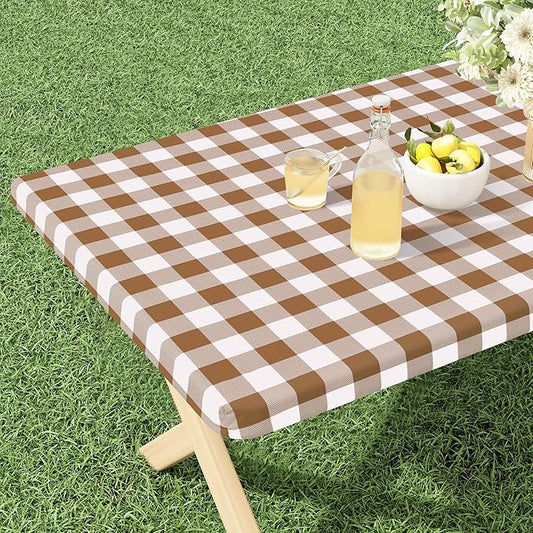 misaya Buffalo Rectangle Picnic Tablecloth, 6 Foot Elastic Fitted Vinyl Table Cloth with Flannel Backing, Waterproof Plaid Table Covers for Dining, Camping, Outdoor (Brown and White, 30" x 72")