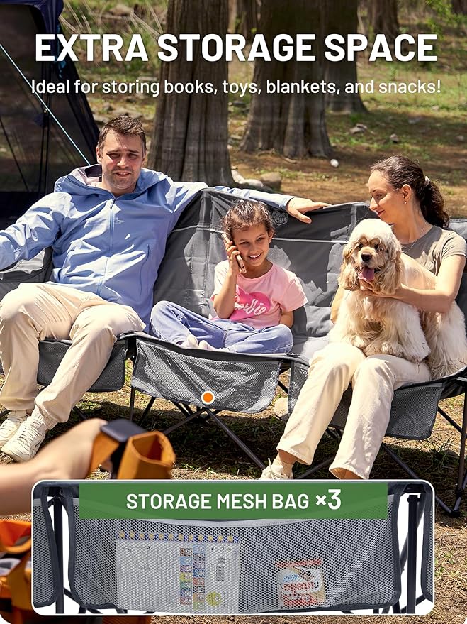 TIMBER RIDGE Padded 3 Person Camping Chair Supports to 1050lbs, Portable Camp Couch Double Camping Chairs, Outdoor Oversized Folding Loveseat Perfect for Campsites, Patio/Lawn, Soccer Games, Grey