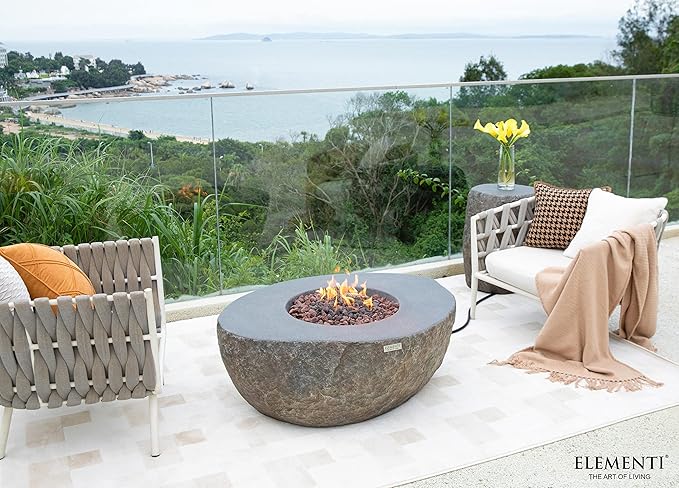Elementi | Boulder Gas Fire Pit Cast Concrete Semi-Round Fire Table, Outdoor Fire Pit Electronic Ignition | Canvas Cover, Lava Rock Included | Propane Gas