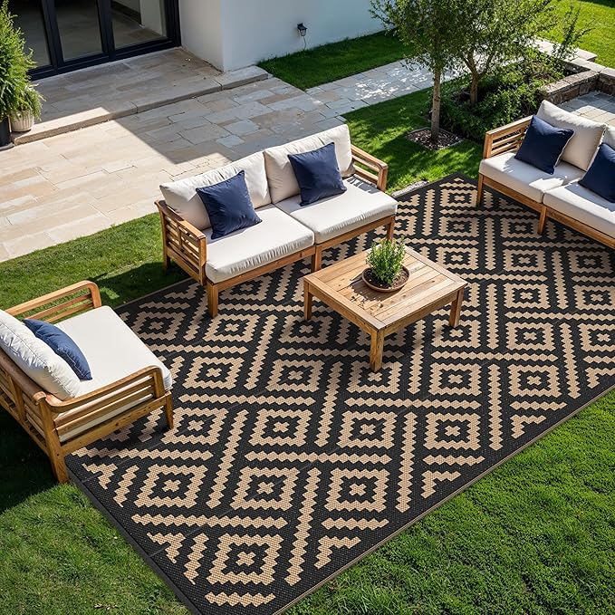 GENIMO Outdoor Rug for Patio Clearance, 10'x14' Waterproof Large Camping Mat, Reversible Plastic Straw Rugs for RV, Camper, Balcony, Backyard, Picnic, Deck (Black & Brown)