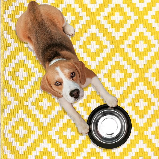 FH Home Outdoor Rug - Waterproof, Fade Resistant, Reversible - Premium Recycled Plastic - Geometric - Large Patio, Deck, Sunroom, Camping, RV - Aztec - Yellow & White Crease Free - 6 x 9 ft