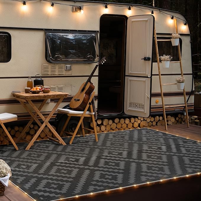 GENIMO Outdoor Rug with LED Strip Lights, 9'x12' Waterproof Camping Mat, Reversible Plastic Straw Rugs for Patio, RV, Camper, Balcony, Backyard, Picnic, Deck, Black & Gray