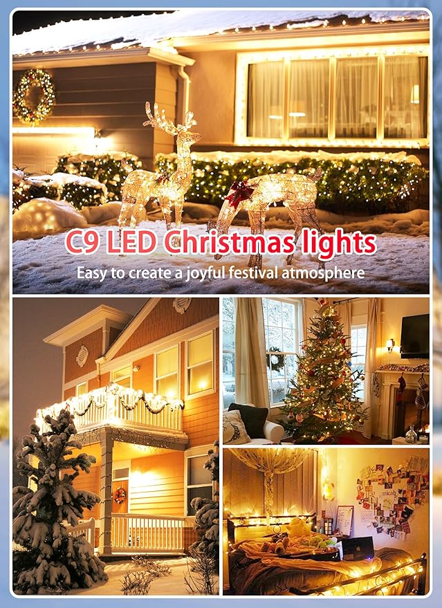 C9 LED Christmas Lights Outdoor, 81 Feet 100 LED String Lights with Timer & 8 Lighting Mode, Waterproof Commercial Grade Extendable for Indoor Outside Roofline Patio Home Xmas Decoration, Warm White