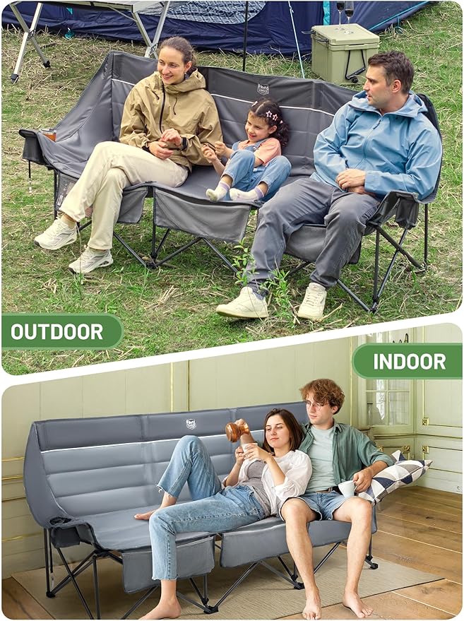 TIMBER RIDGE Padded 3 Person Camping Chair Supports to 1050lbs, Portable Camp Couch Double Camping Chairs, Outdoor Oversized Folding Loveseat Perfect for Campsites, Patio/Lawn, Soccer Games, Grey