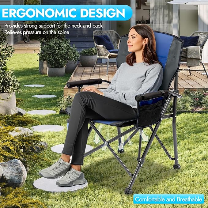 Oversized Folding Camping Chair for Adults, Supports 450 LBS Camping Chairs, Heavy Duty Camping Chair with Side Pockets, Foldable Outdoor Chair for Camping, Beach, Fishing, Hiking, Blue-Black