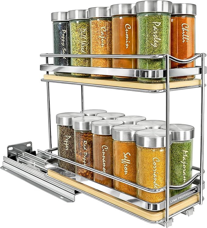 LYNK PROFESSIONAL® Élite™ Pull Out Spice Rack Organizer for Inside Kitchen Cabinets - 4-1/4 inch Wide - Slide Out Drawer – Wood/Chrome Sliding Spice Cabinet Organization Shelf Racks - 2 Tier