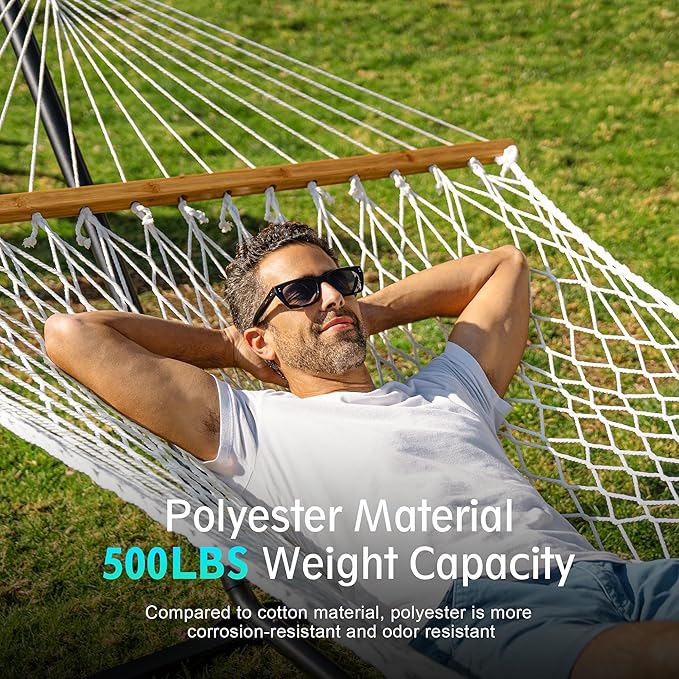 Double Hammock for 2 Person, Handwoven Cotton Rope Hammock with Spreader Bar Without Stand - Indoor & Outdoor Use for Patio, Poolside, Backyard (Off White)