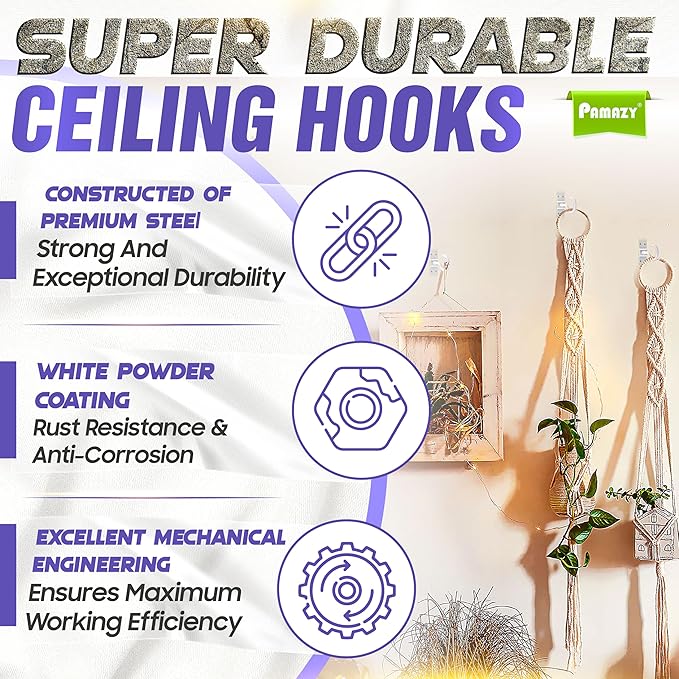 [Upgraded] 200LBS 8Pcs Rotatable Ceiling Hooks with 4 Screw Points Plate Base, White Wall Mount Metal Hanger for Hanging Plants, Bird Feeders, Lanterns, Lights, Wind Chimes, Indoor Outdoor Decor