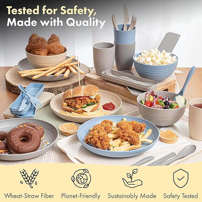 FOODLE Wheat Straw Dinnerware Set - BPA Free & Safety Tested - Microwave & Dishwasher Safe - Perfect for Picnic, Dorm, RV Dishes - Camping Plates Cups and Bowls Set - Great for Kids & Adults - For 4