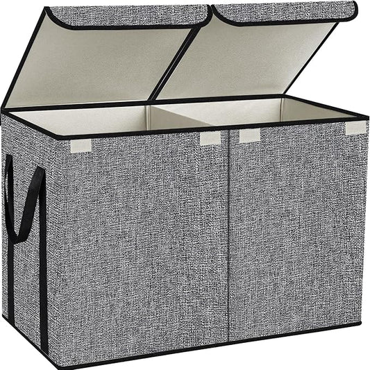 Large Kids Toy Box Chest Storage organizer with Double Flip-Top Lid - Collapsible Sturdy Toy Organizers And Storage Bins With Big Handles For Nursery, Playroom, 26.8"x13.8"x16"(Grey)
