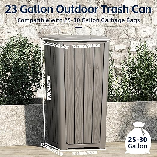 Outdoor Trash Can 23 Gallon Garbage Can with Lid Waterproof Resin Garbage Patio Waste Bin for Garden, Backyard, Deck,Gray