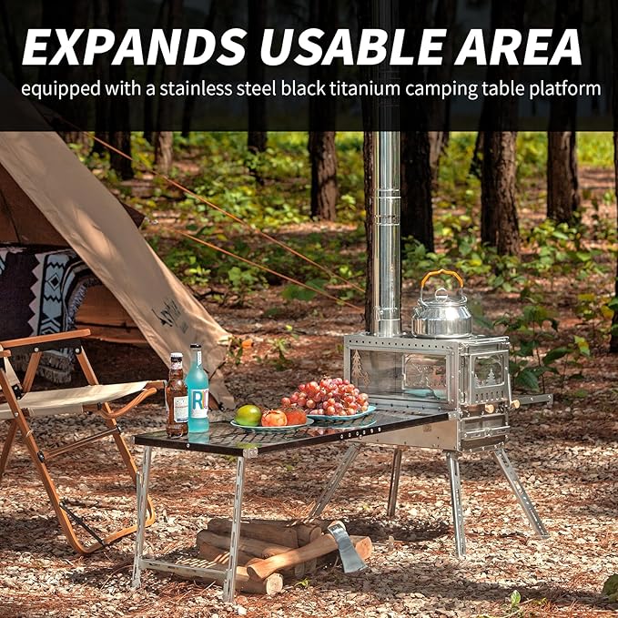 Wood Stove Wood Burning Stove Hot Tent Stove, Stainless Steel Portable Camping Stove with Oven & Camping Table and 6 Chimney Pipe for Outdoor, Camping, Cooking, Tents, Car Travel