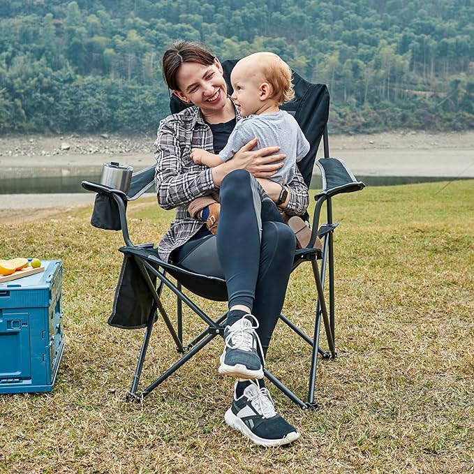 EVER ADVANCED Folding Camping Chair for Outside with High Back Padded Oversized Lawn Chairs Folding Lightweight Sturdy Steel Portable Outdoor Camp Chair for Adults