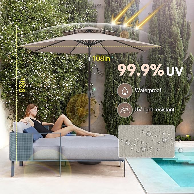 9" Outdoor Patio Umbrella - Double Top Table Umbrella Waterprool UV Protection, Sombrillas de Patio with Push Button Tilt&Crank, Sun Umbrella for Pool, Porch, Garden, Backyard(Taupe)