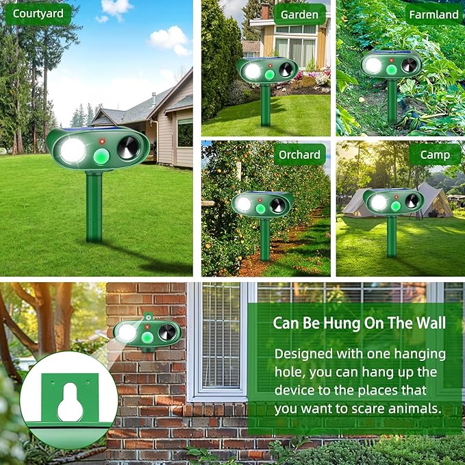 2025 4Pack Solar Ultrasonic Animal Repellent Outdoor Deer Repellent Devices with Motion Detection&Flash Lights,Waterproof Squirrel Skunk Raccoon Dog Cat Deterrent for Yard Patio Farm Garden