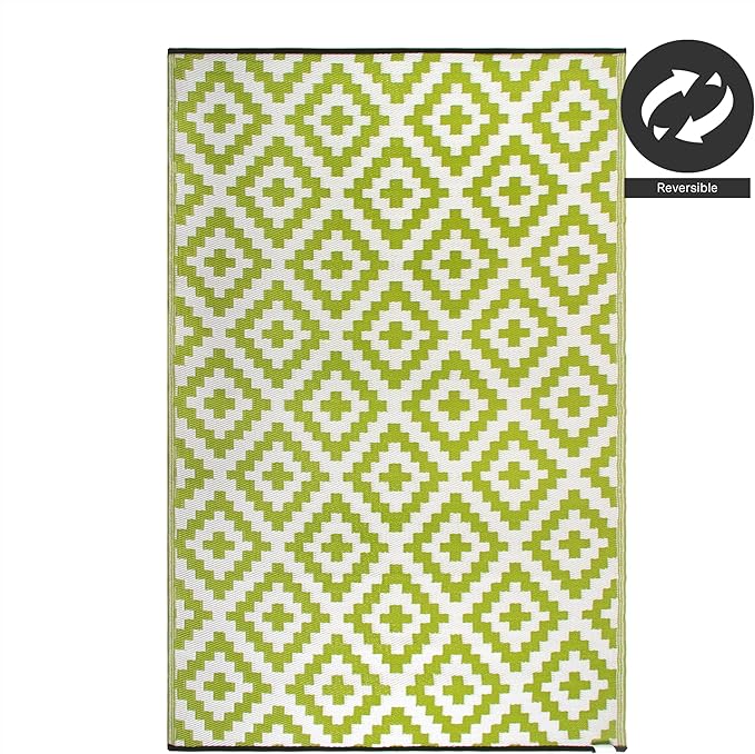 FH Home Outdoor Rug - Waterproof, Fade Resistant, Reversible - Premium Recycled Plastic - Geometric - Large Patio, Deck, Sunroom, Camping, RV - Aztec - Green & White Crease Free - 6 x 9 ft